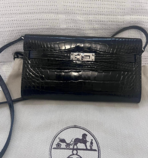 Hermes Kelly Black Shiny Wallet  To Go  Alligator Mississippiensis 4