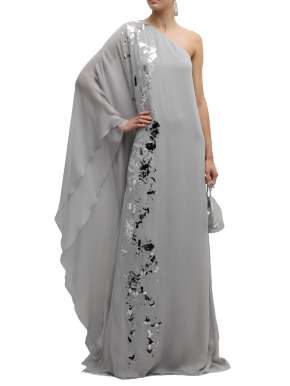 Kolston Metallic Foiled One-Shoulder Silk Chiffon Caftan Gown 5