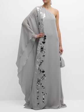 Kolston Metallic Foiled One-Shoulder Silk Chiffon Caftan Gown 4