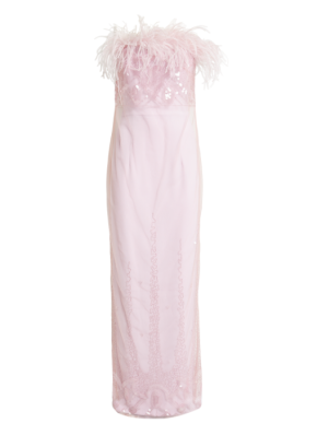 16Arlington Blush Pink Strapless Sequin Gown with Feather Trim Neckline 4