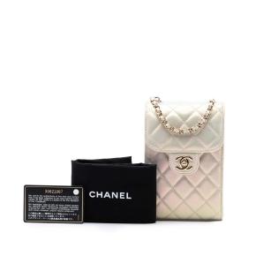 Chanel White CC Quilted Iridescent Lambskin Phone Holder with Chain 8
