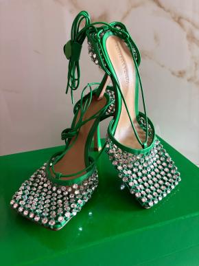 Bottega Veneta Green Sparkle Stretch Crystal Heels 2