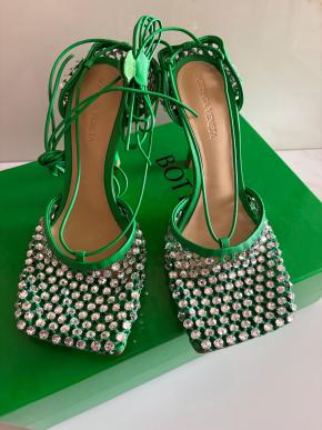Bottega Veneta Green Sparkle Stretch Crystal Heels 11