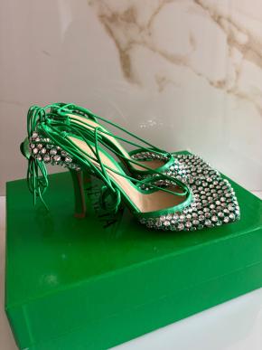 Bottega Veneta Green Sparkle Stretch Crystal Heels 3