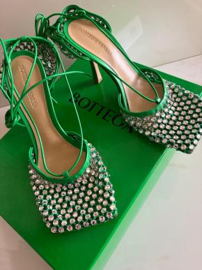Bottega Veneta Green Sparkle Stretch Crystal Heels 10