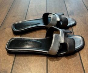 Hermes Black Leather Oran Sandals 2