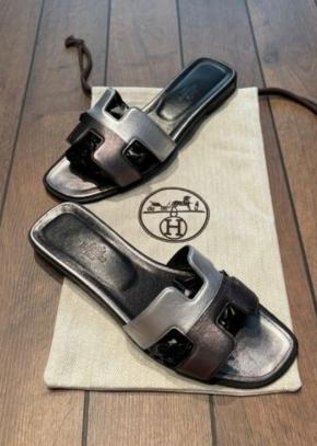 Hermes Black Leather Oran Sandals 9