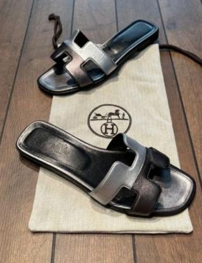Hermes Black Leather Oran Sandals 3