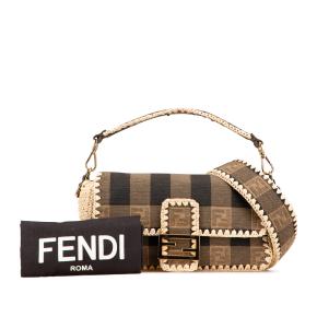 Fendi Brown Pequin Gingham Canvas And Raffia Baguette Satchel 10