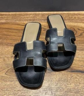Hermes Black Leather Oran Sandals 8