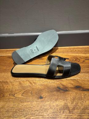 Hermes Black Leather Oran Sandals 7