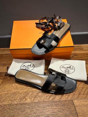 Hermes Black Leather Oran Sandals 9