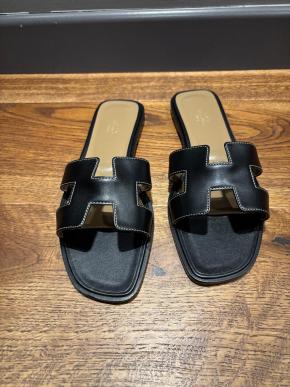 Hermes Black Leather Oran Sandals 8