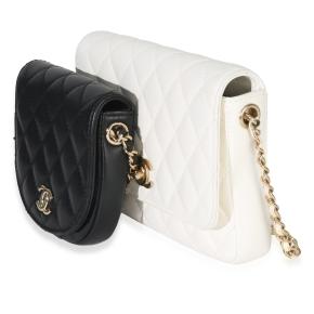 Chanel White Black Quilted Lambskin Small Side Packs Flap Bag 4