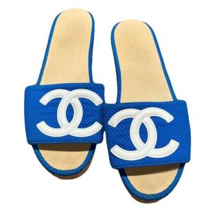Chanel Blue Fabric CC Slides 7