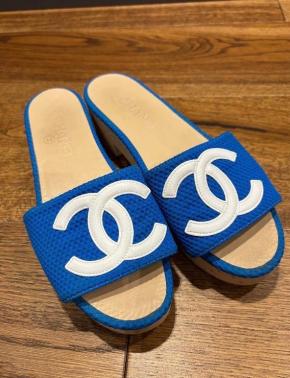 Chanel Blue Fabric CC Slides 2