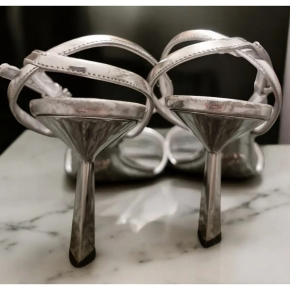 Prada Modellerie Logo-Plaque Metallic-Leather Sandals. 10