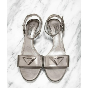 Prada Modellerie Logo-Plaque Metallic-Leather Sandals. 4
