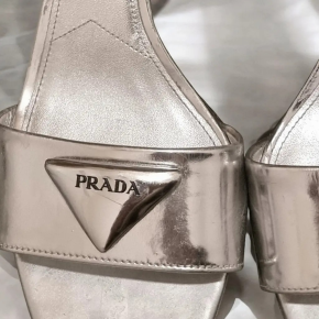 Prada Modellerie Logo-Plaque Metallic-Leather Sandals. 9