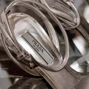 Prada Modellerie Logo-Plaque Metallic-Leather Sandals. 8