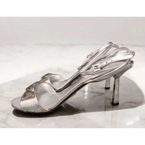 Prada Modellerie Logo-Plaque Metallic-Leather Sandals. 5