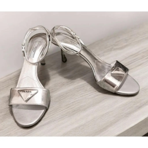 Prada Modellerie Logo-Plaque Metallic-Leather Sandals. 3