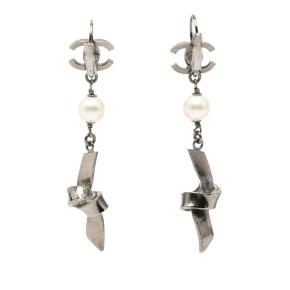Chanel  Faux Pearl Ribbon Knot Dangle Earrings 2