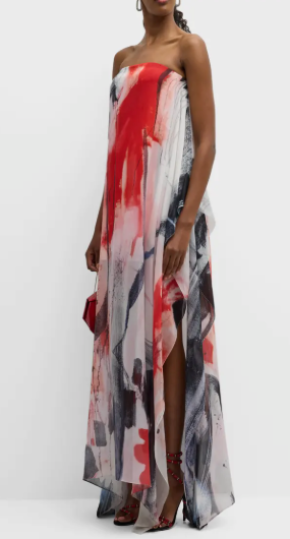 Kolston Strapless Brushstroke-Print Chiffon Overlay Slit-Hem Gown 3
