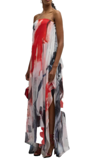 Kolston Strapless Brushstroke-Print Chiffon Overlay Slit-Hem Gown 5