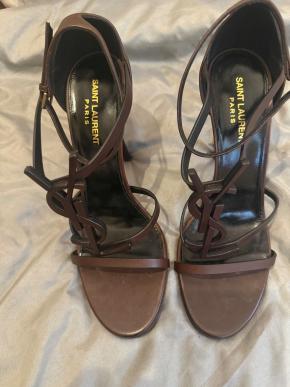 Saint Laurent Brown Leather Cassandre Heels 2