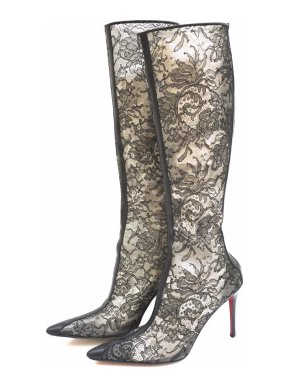 Christian Louboutin Black Lace Crepe Satin Knee High Boots