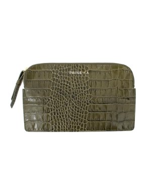 Paule Ka Green Leather Patent Croc Embossed Clutch Bag