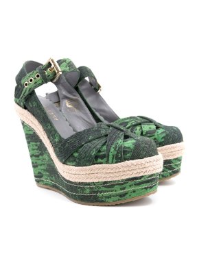 Mulberry Green and Black Patterned Wedges