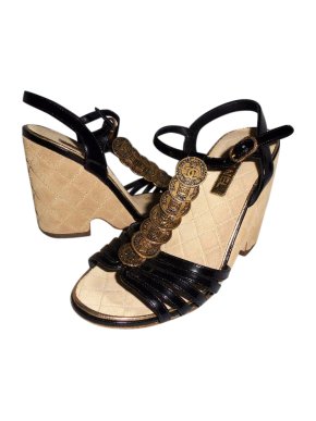 Chanel black leather coin trim wedge sandals