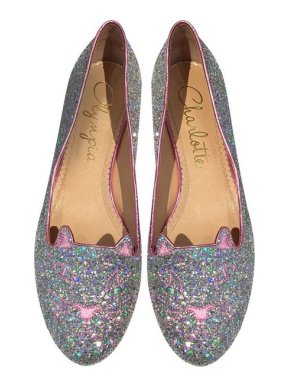 Charlotte Olympia  Silver and Rose Glitter Kitty Flats