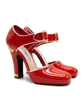 Prada Red Embellished Patent Leather Court Shoes