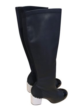 Chanel black long leather boots with white block chain heel