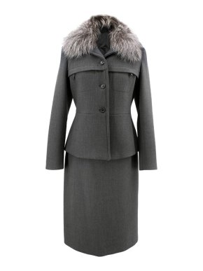 Prada Grey Suit Jacket with Fur Collar and Skirt