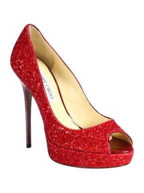 Jimmy Choo red sparkly peep toe pumps