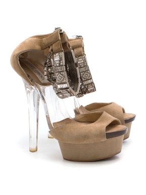 Jimmy Choo Beige Suede Open Toe Heels with Embellishments