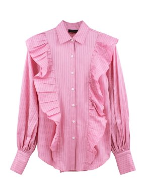 Petersyn pink cotton striped ruffled shirt