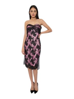 Victor Costa Silk Strapless Embellished Tulle Train Dress