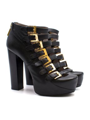 Raphael Young Black Leather Buckled Platform Pumps