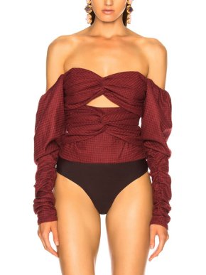 Zeynep Arcay Red Plaid Wool Bodysuit