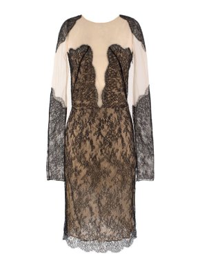 Adriana Minari Nude Mesh & Lace Fitted Long Sleeved Dress