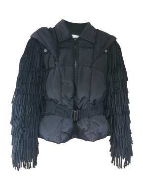 Balmain Black Nylon Down Filled Fringe Hooded Coat