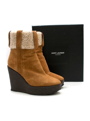 Saint Laurent Tan Shearling Wedge Boots