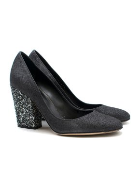 Sergio Rossi Black & Silver Glitter Block Heel Pumps