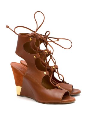 Chloe Brown Leather Lace-up Wedge Sandals
