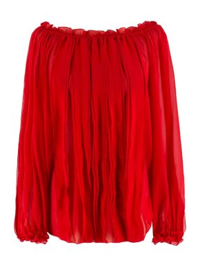 Blumarine Red Silk Ruffle Pin-Tuck Blouse